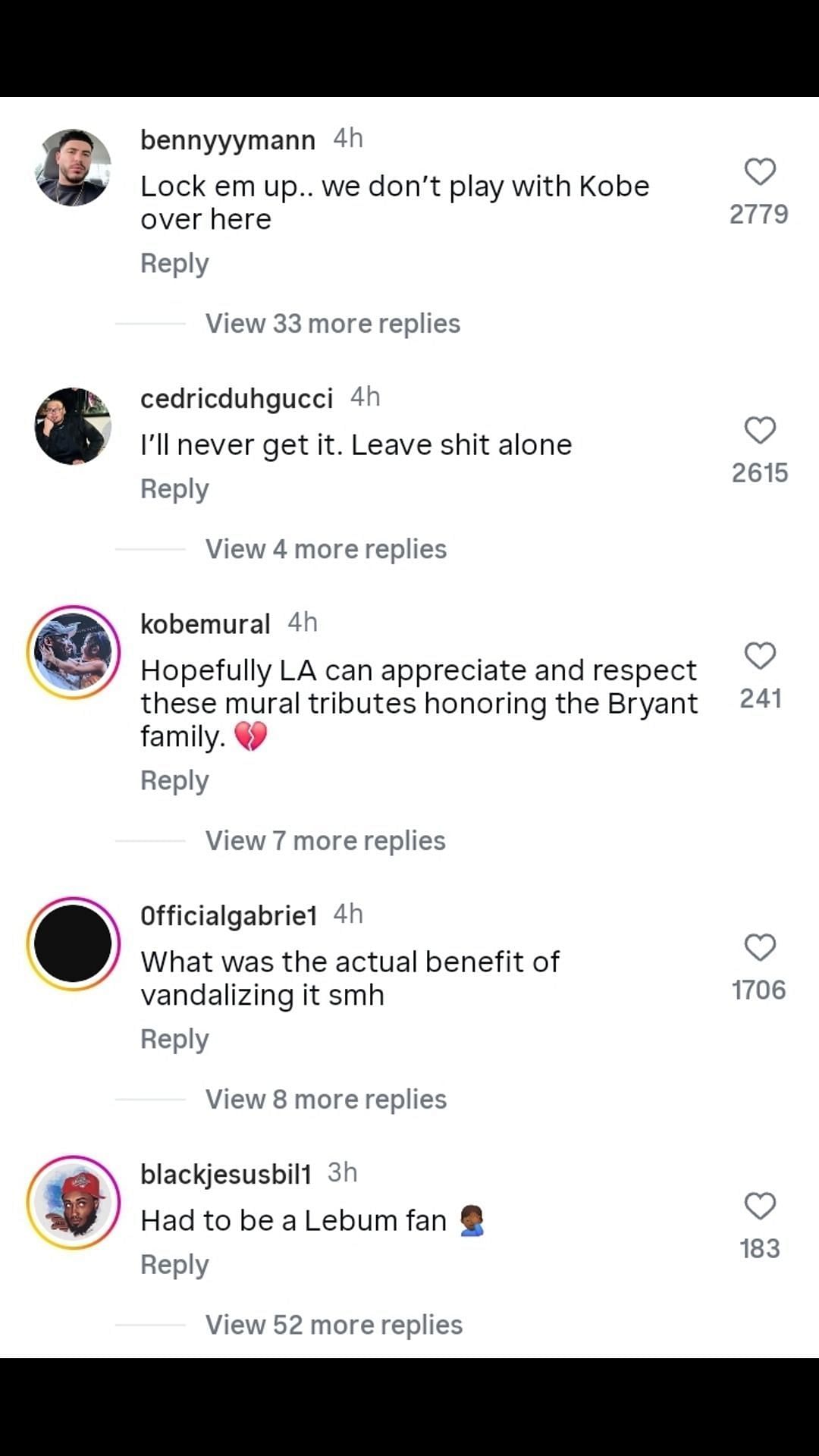 Fans react to Kobe and Gigi Bryant's mural being vandalized. Credit: Complex Sports/IG